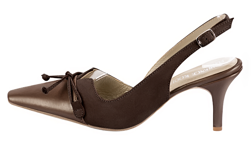 French elegance and refinement for these bronze gold and dark brown dress slingback shoes, with a knot, 
                available in many subtle leather and colour combinations. The pretty French spirit of this beautiful pump will accompany your steps nicely and comfortably.
To be personalized or not, with your materials and colors.  
                Matching clutches for parties, ceremonies and weddings.   
                You can customize these shoes to perfectly match your tastes or needs, and have a unique model.  
                Choice of leathers, colours, knots and heels. 
                Wide range of materials and shades carefully chosen.  
                Rich collection of flat, low, mid and high heels.  
                Small and large shoe sizes - Florence KOOIJMAN
